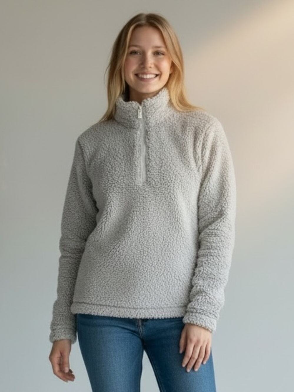 BOBBIE BROOKS Women’s Medium White Gray Fuzzy Fleece 1/4 Zip Jacket